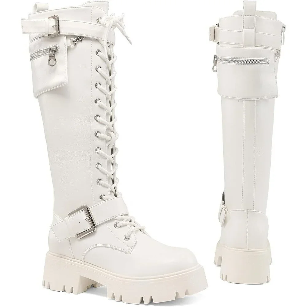 Women's Leather White Combat Platform Knee High Lace Up Boots Motorcycle Boots - Picture 5 of 9